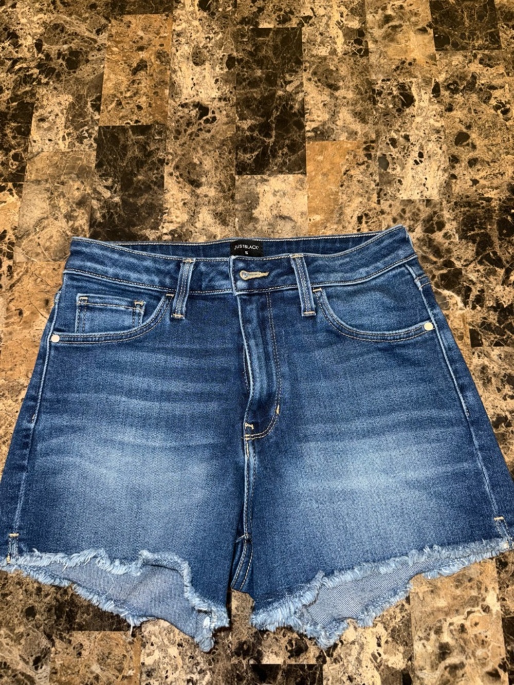 Just Black Medium Blue High-Rise Frayed Hem Denim Shorts